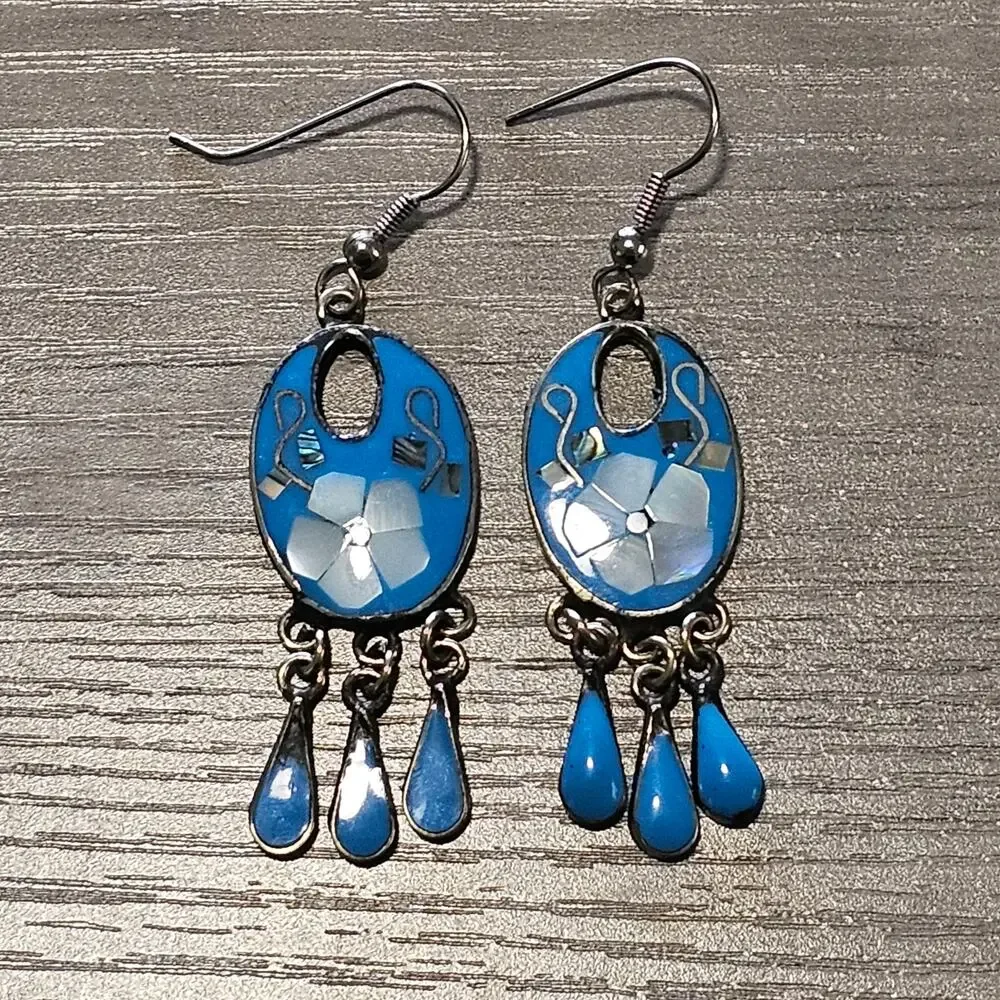 Vintage Alpaca Silver & Blue Enamel Dangle Earrings with Mother of Pearl Flowers